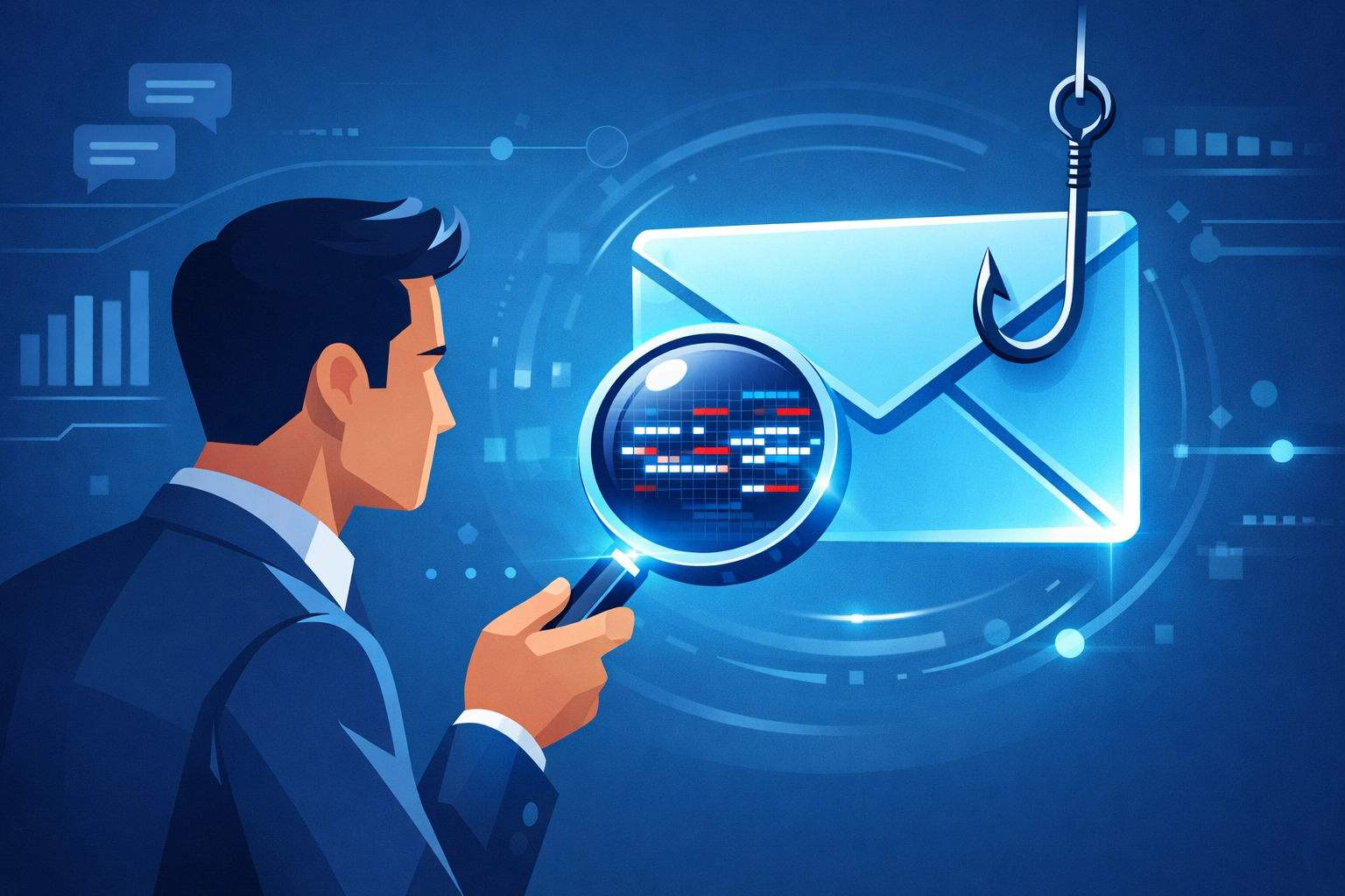 Illustration of a business professional inspecting a digital email icon for hidden phishing threats.