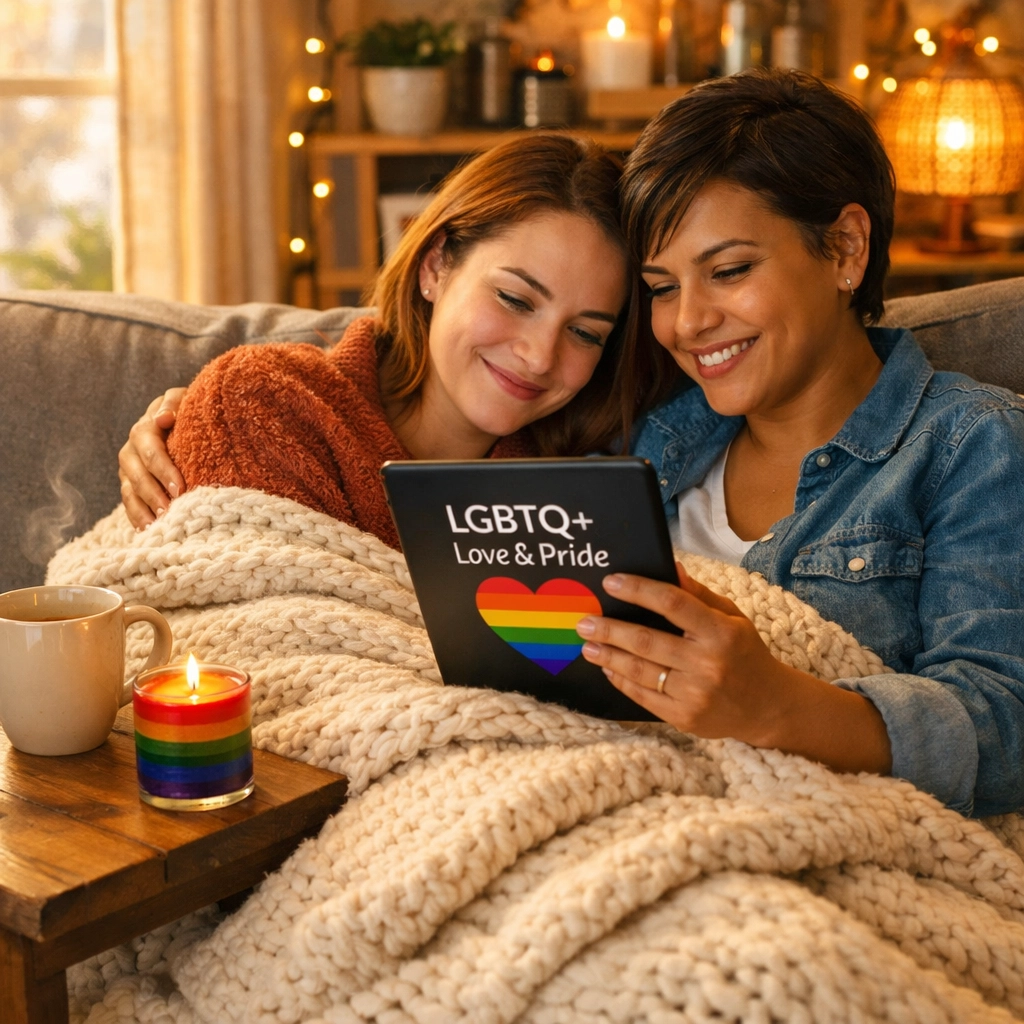 Lesbian couple snuggled under a blanket reading an LGBTQ+ ebook on a tablet at home.