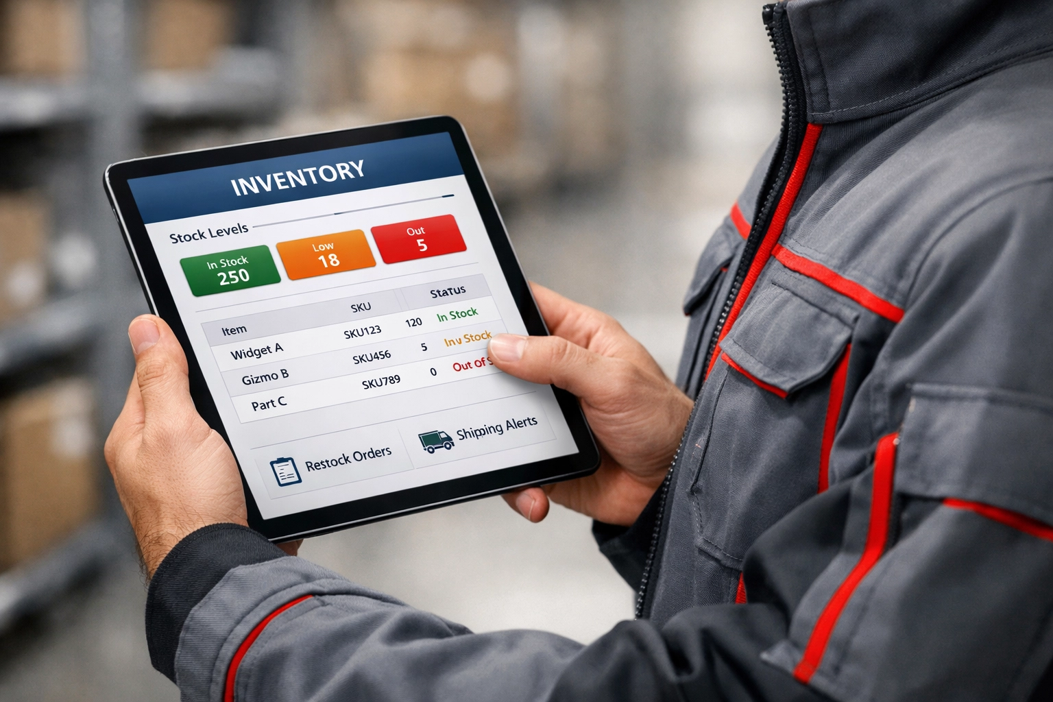 A logistics expert using a tablet to manage inventory within a modern Hertford storage and fulfilment center.