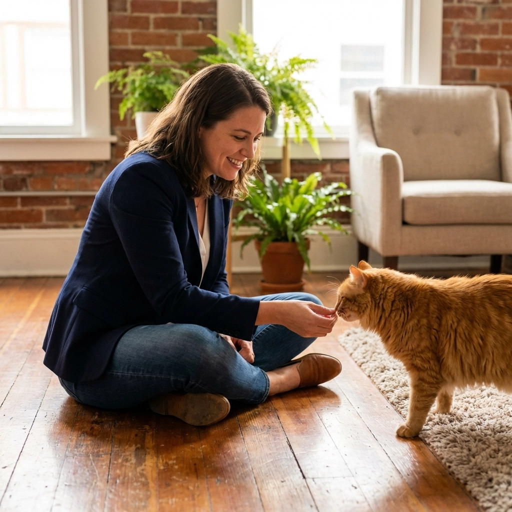 A friendly Oakland cat sitter meeting a curious orange cat during a meet-and-greet in a cozy San Francisco apartment.
