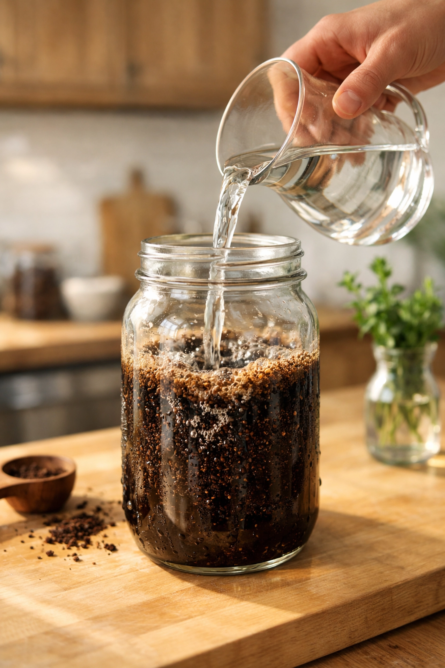 Mixing water and coarse coffee grounds in a glass mason jar to brew cold coffee at home.