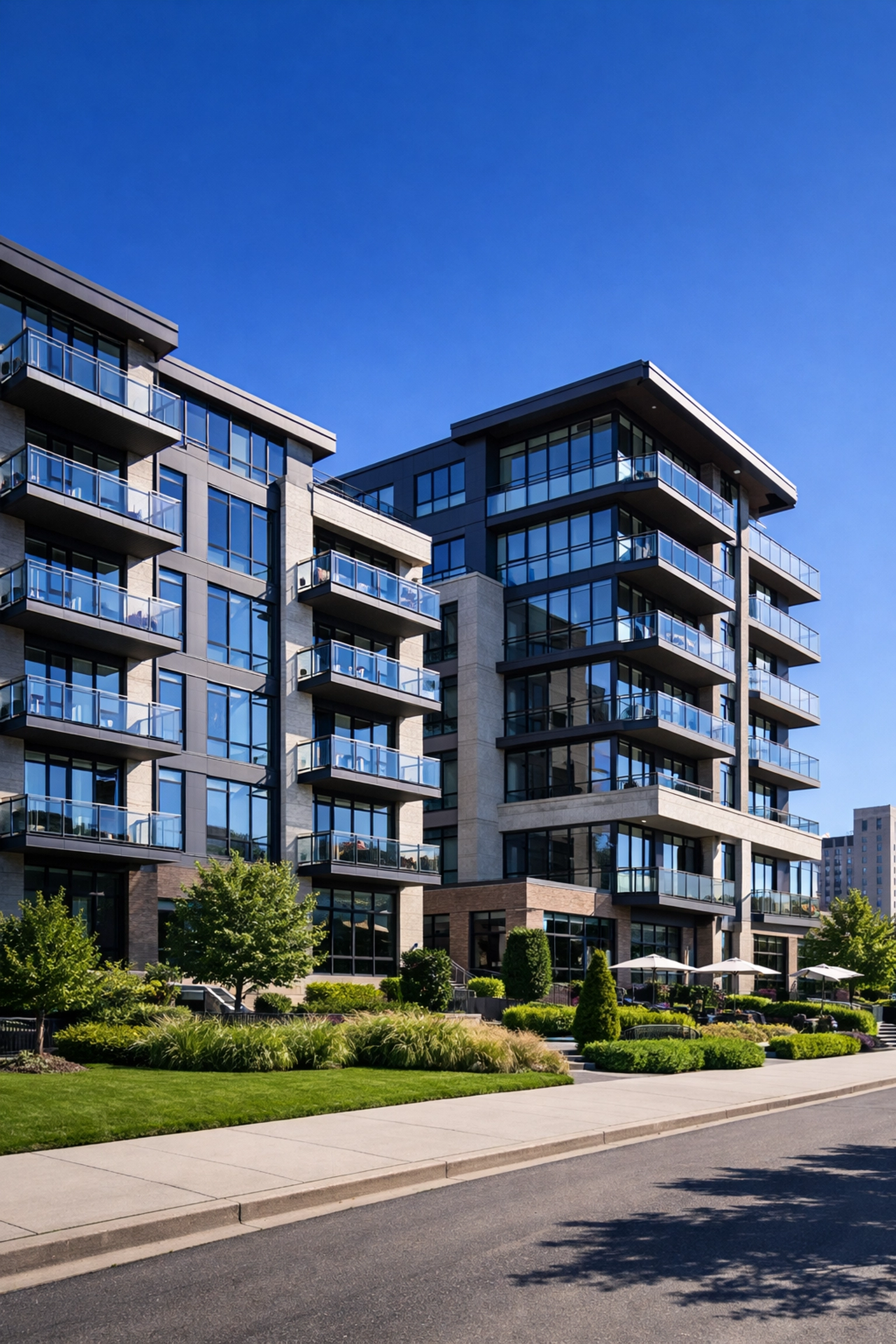 Contemporary multifamily apartment complex exterior representing professional property management in the Midwest.