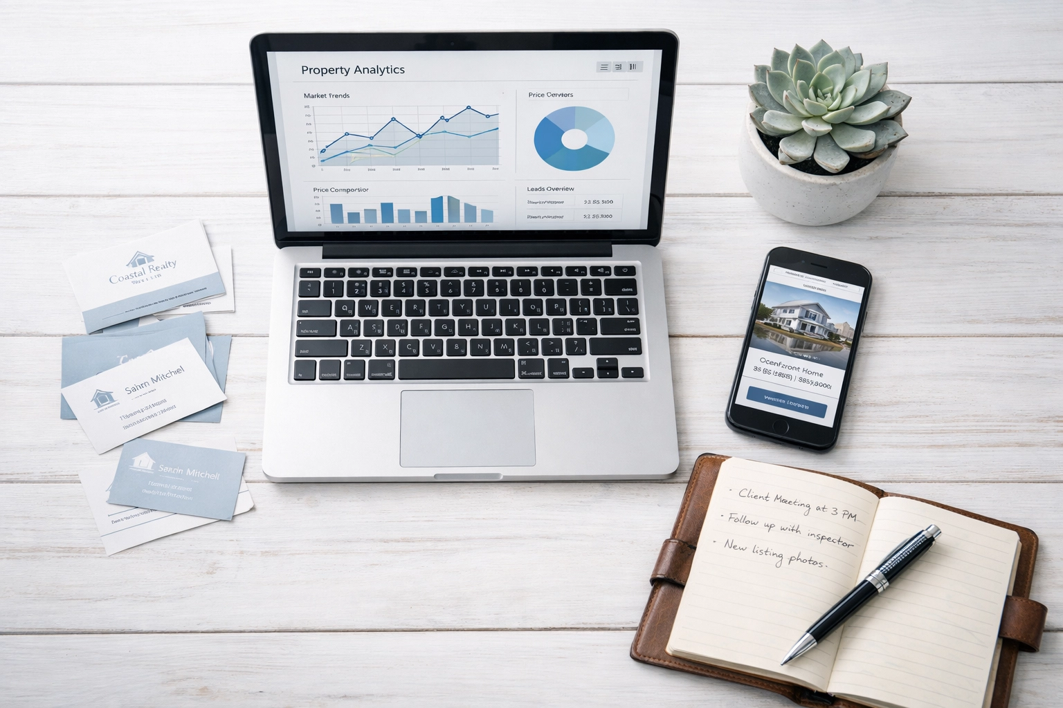 Real estate agent workspace with property listings and marketing analytics