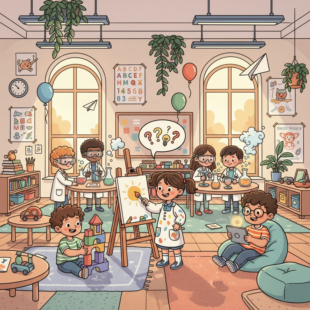 Children are in a colorful classroom. One paints, others do science experiments, build blocks, and use a tablet. Plants and posters decorate.