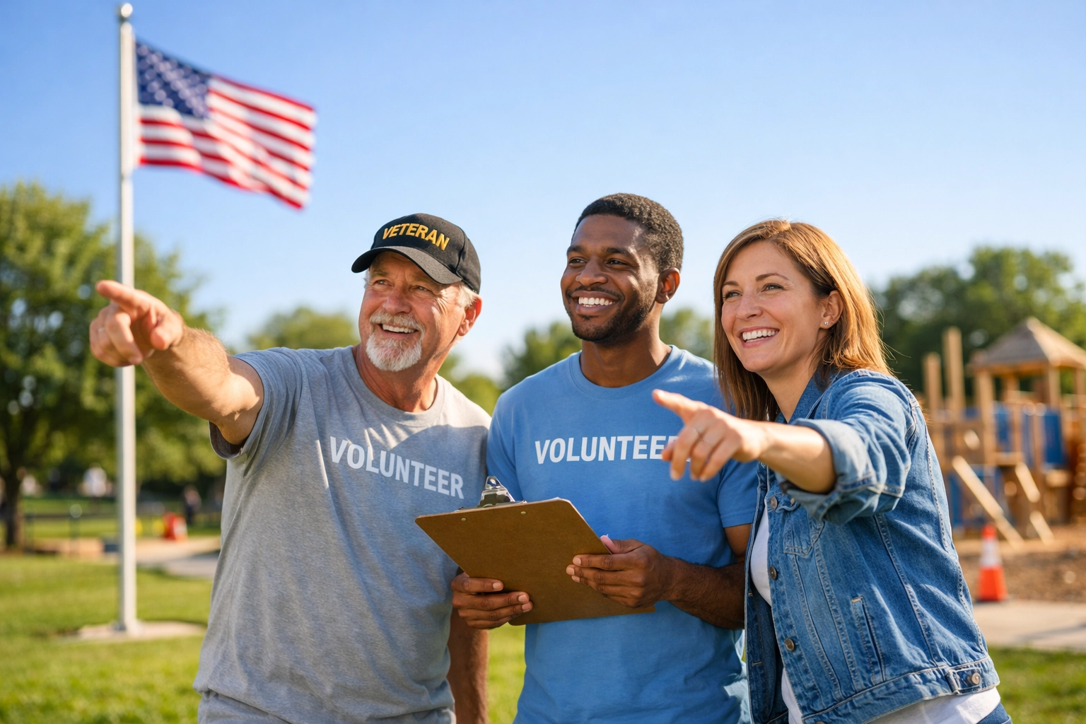 Patriotic volunteers and a veteran working together on a community service project near an American flag.
