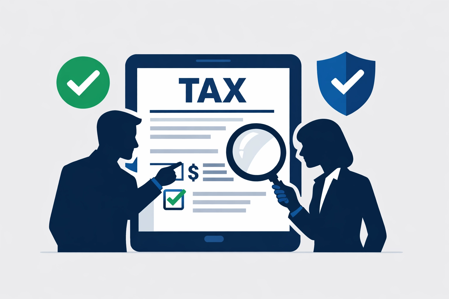 Professional tax experts reviewing digital documents on a tablet to ensure compliance and maximize tax refunds.