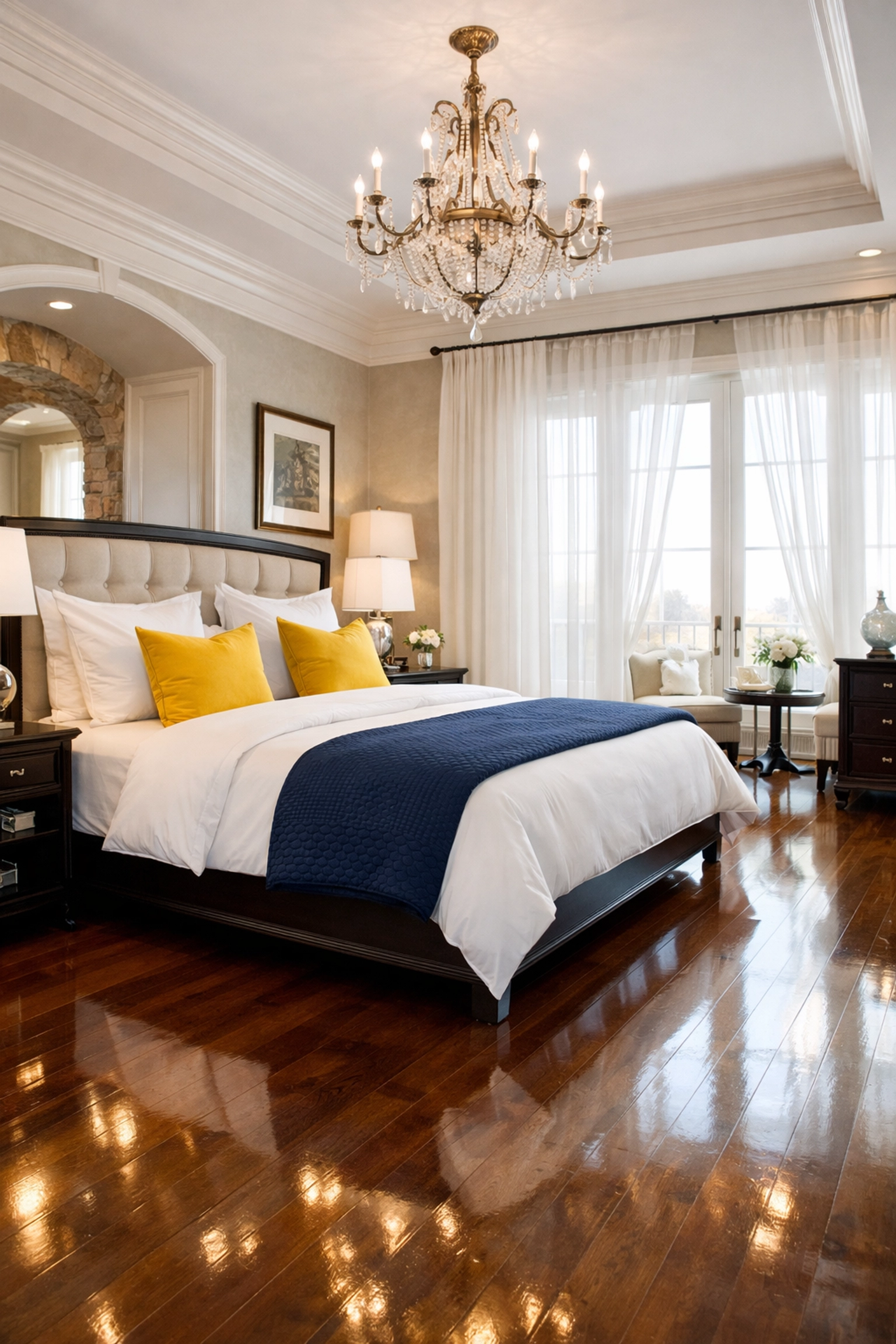 Luxury master bedroom in Worcester with polished floors after expert house cleaning Worcester MA.