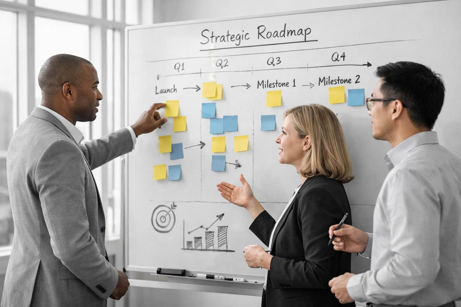 Business consulting team collaborating on strategic growth plan with roadmap on whiteboard