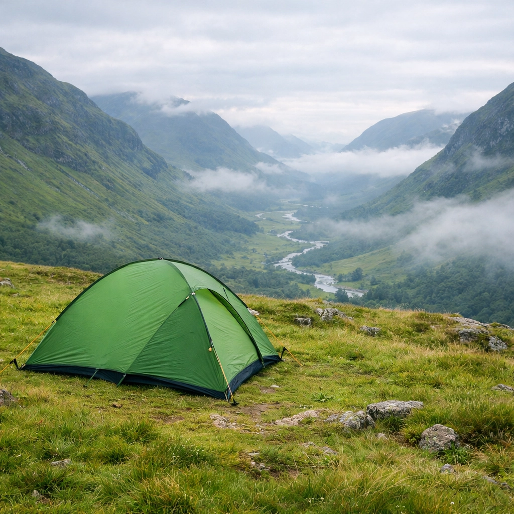 A green tent pitched on a grassy plateau in the Scottish Highlands for a safe camping adventure UK.