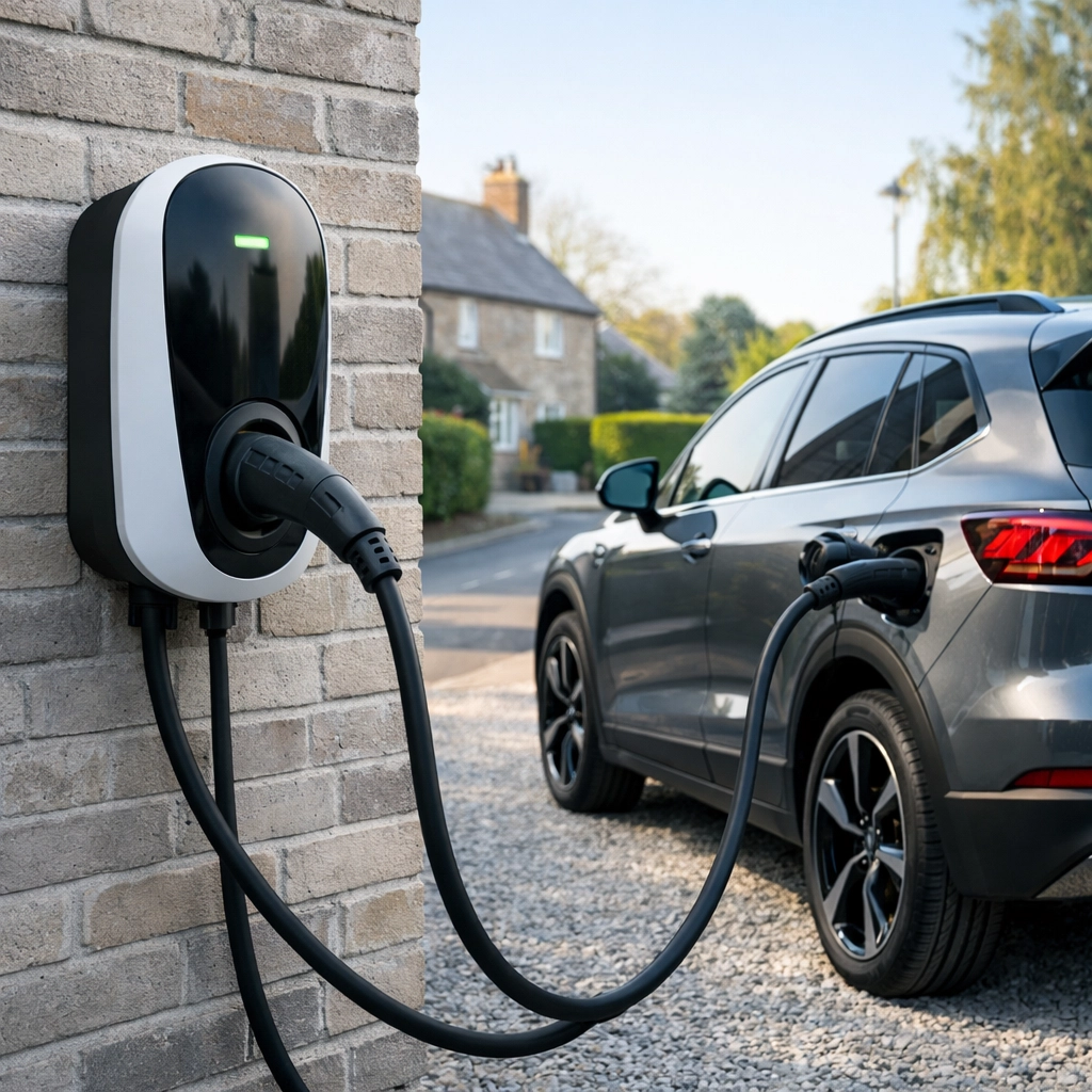 Modern home EV charger installation service for electric vehicles in a Dorset residential driveway.