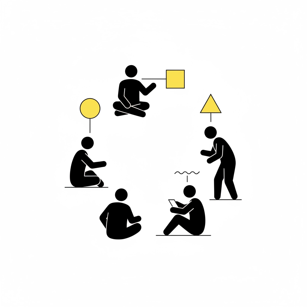 Five black silhouettes interacting with yellow shapes in a circle on a white background. One reads a device; mood is collaborative.