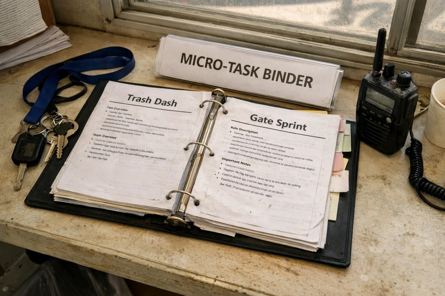Open micro-task binder with one-page how-to sheets, keys, and a radio on a table in a Canadian fair office trailer