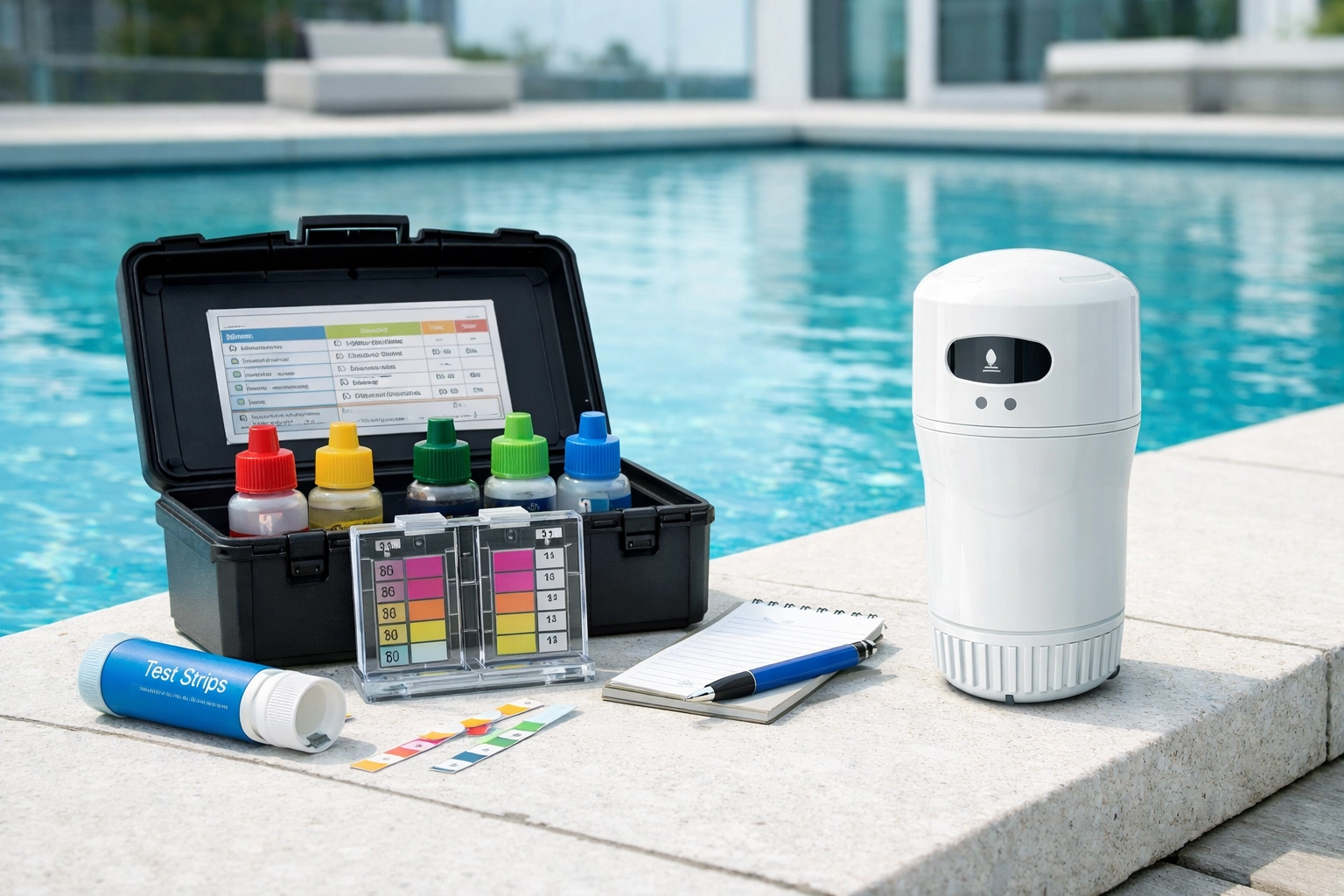Professional pool maintenance kit and sensor illustrating high-value pool service route quality.