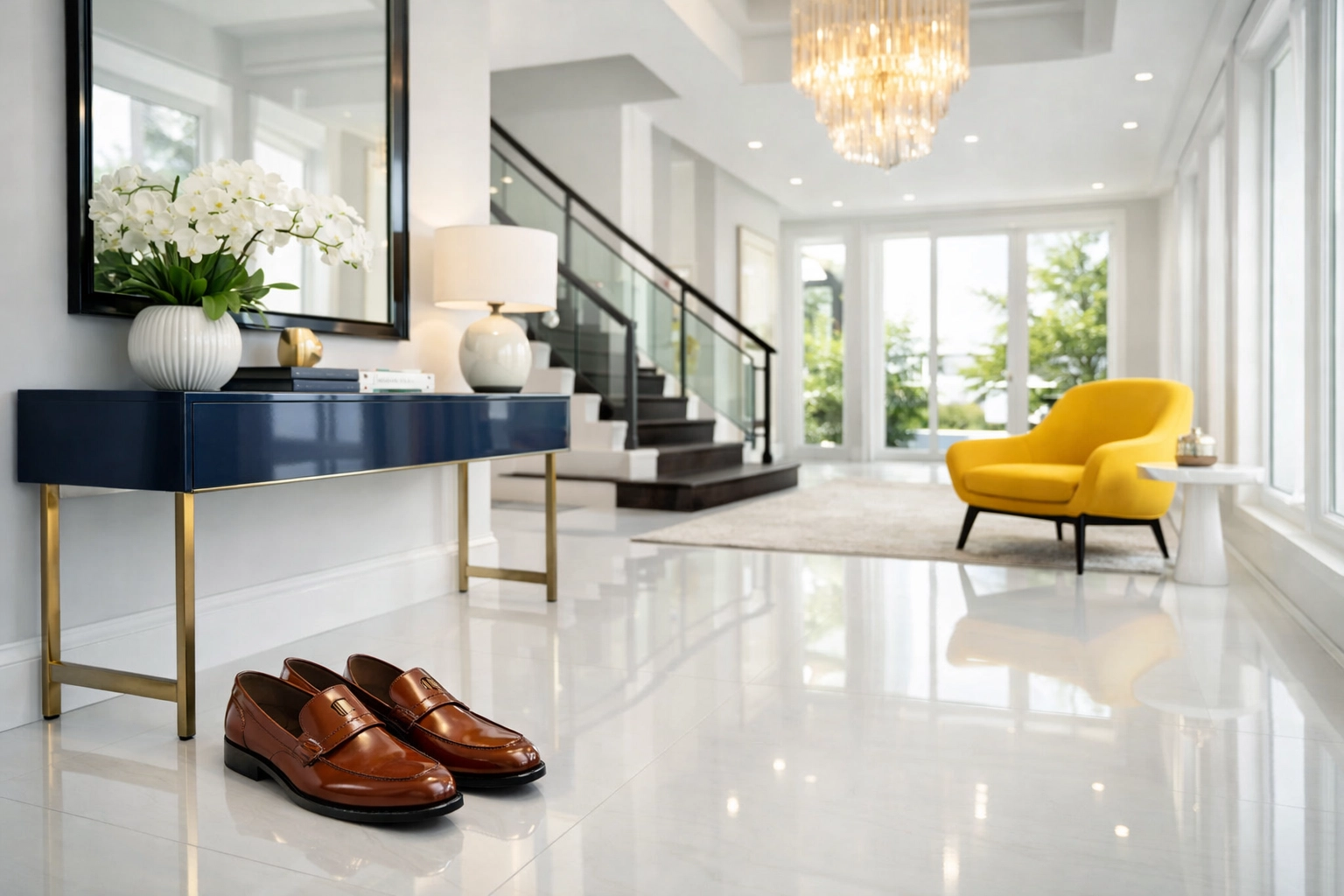 Perfectly polished leather loafers in a bright, modern entryway reflecting professional cleaning standards.