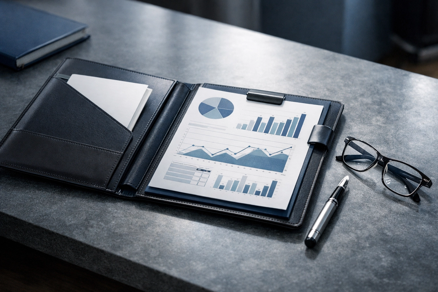 Organized financial records and charts on a desk for an Alabama construction company business sale audit.