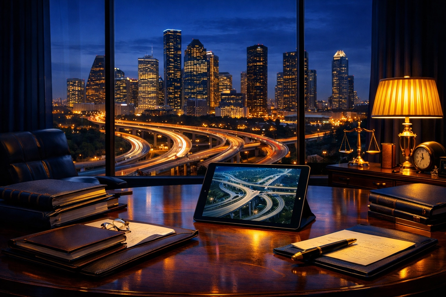 Houston personal injury attorney war room overlooking I-10 and I-45, showcasing strategic advocacy for complex claims.