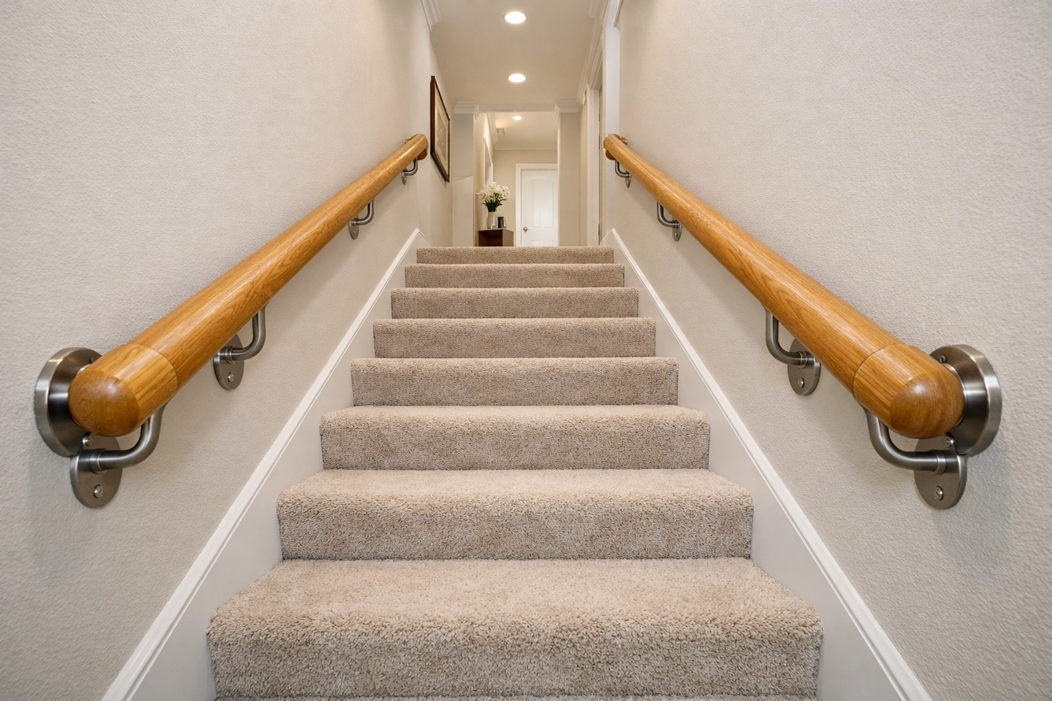 Residential staircase featuring sturdy double handrails on both sides for improved balance and safety at home.