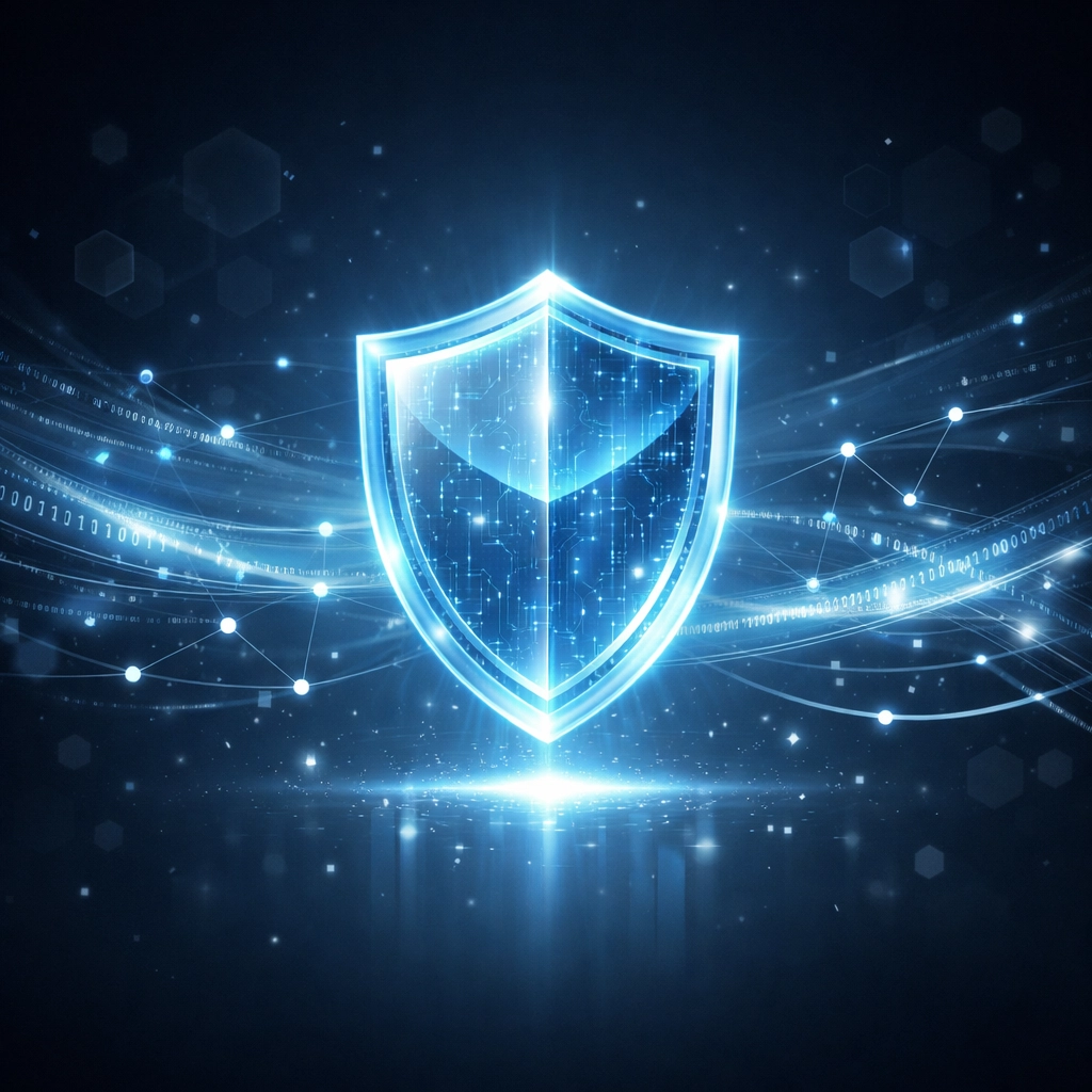 Protective shield with data streams representing proactive IT security monitoring