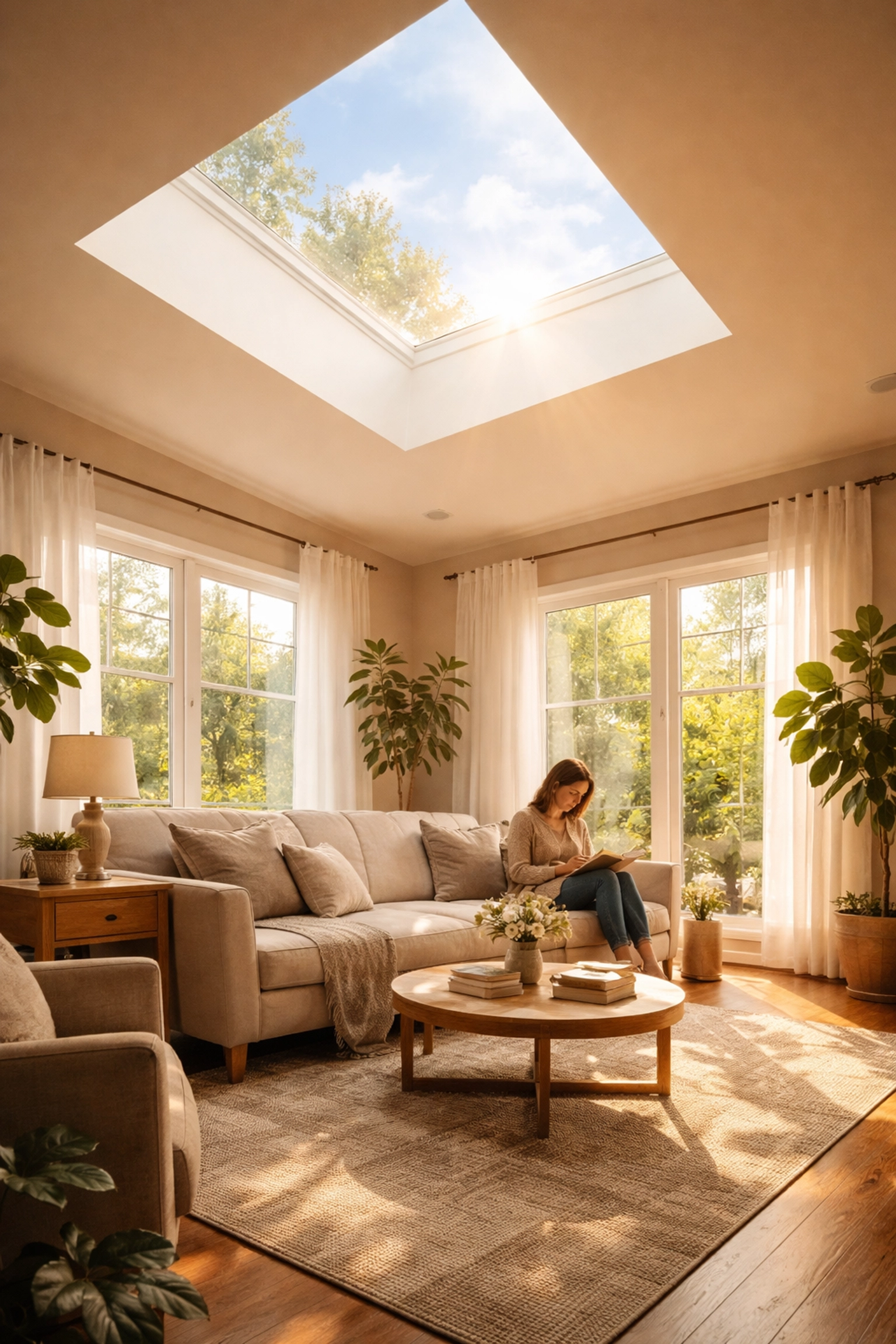 Charlotte living room with sunlight streaming through a skylight, highlighting cozy decor and natural lighting benefits.