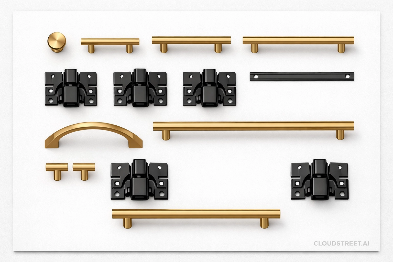 Grid of premium cabinet hardware illustrating data-driven merchandising for B2B manufacturers.
