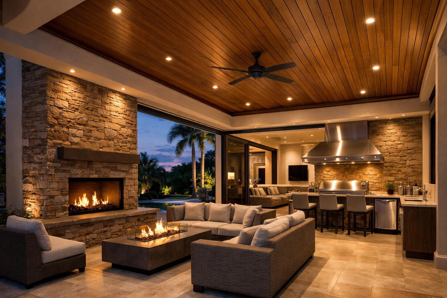 Premium outdoor living area featuring a custom stone fireplace and luxury kitchen in Okeechobee.