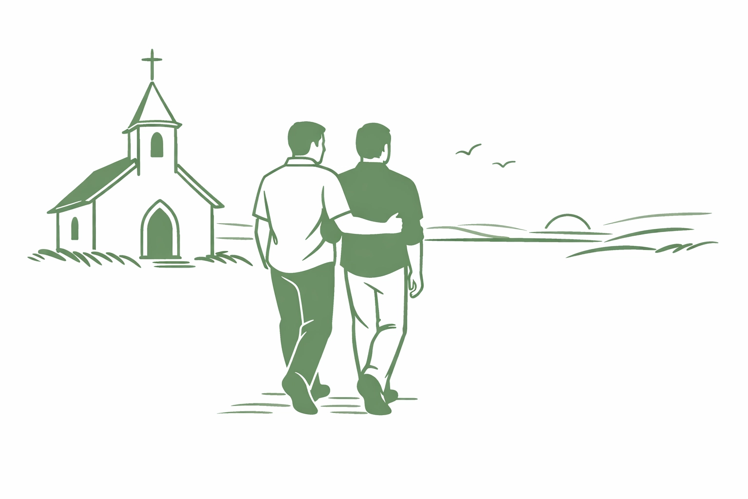 Two men walking away from a church together, representing the sacred bonds of gay romance.