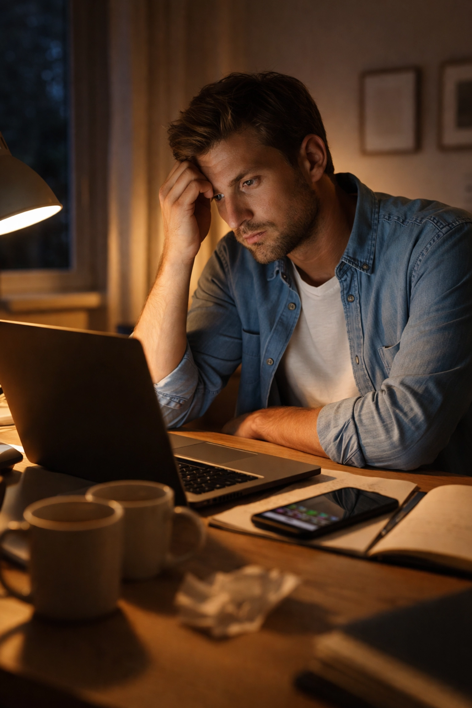 Tired man working late at desk, illustrating work-life balance struggles and self-care challenges.