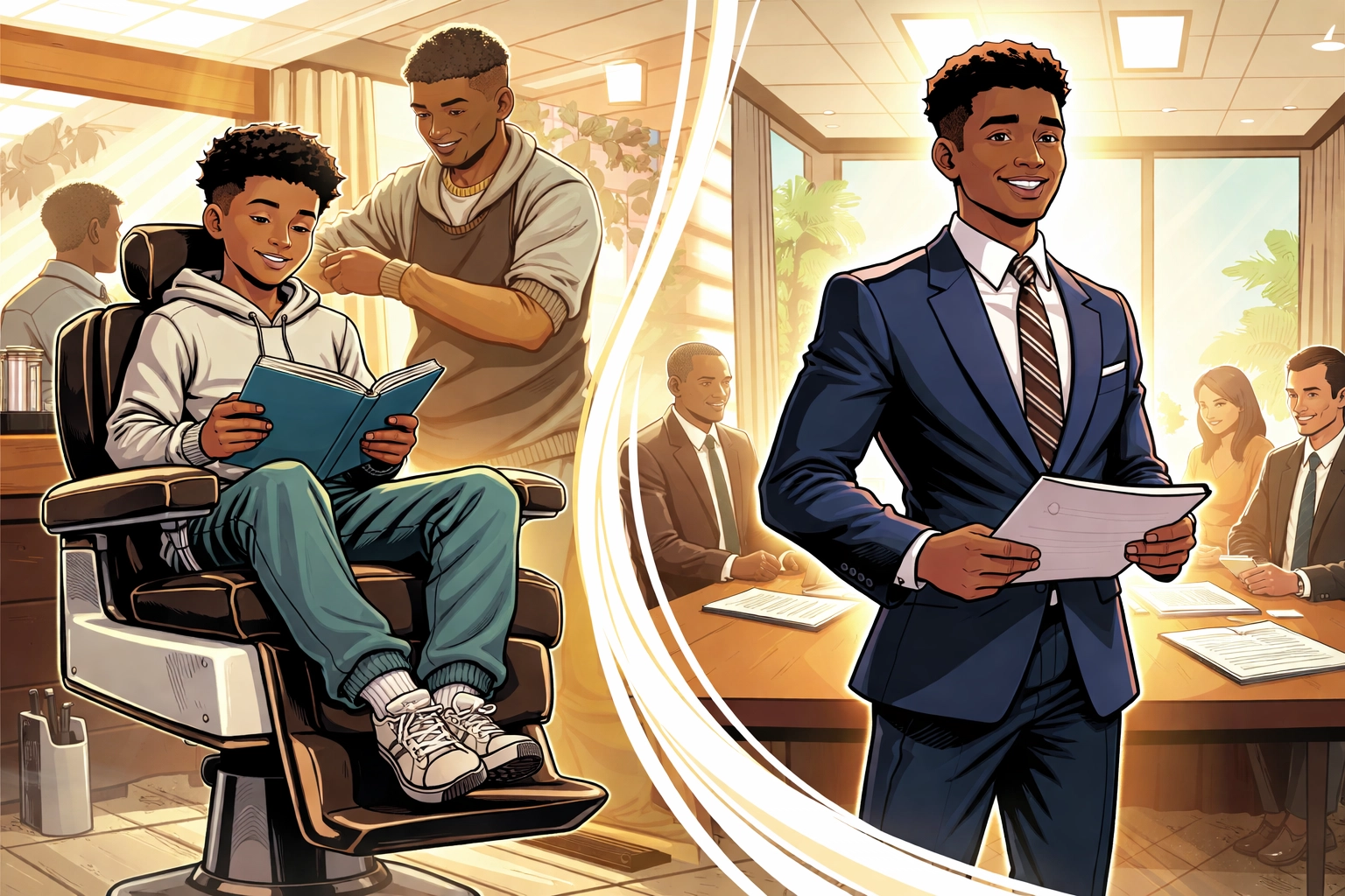Aspirational comic split of a Black boy reading in a barbershop and growing into a successful professional, symbolizing the journey from barbershop to boardroom.