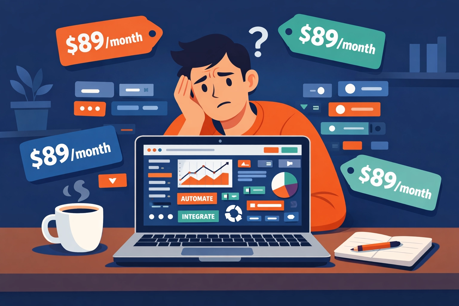 Small business owner overwhelmed by unnecessary software features and expensive monthly subscription costs