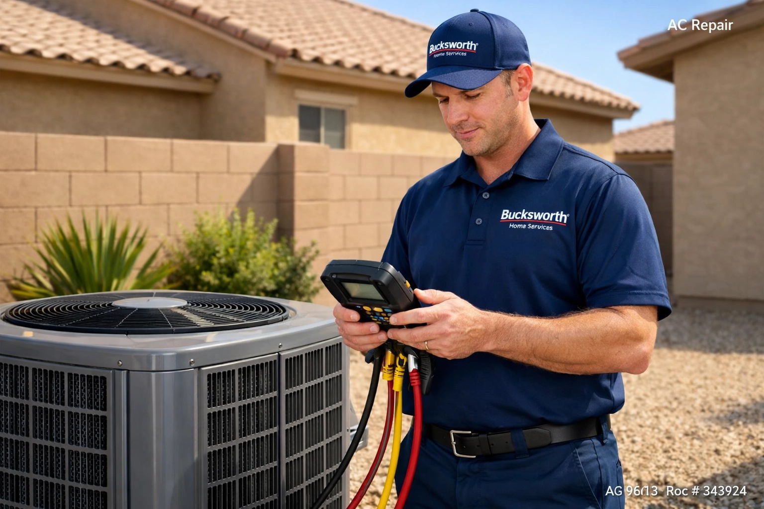 Professional Bucksworth technician inspecting a residential air conditioning unit for AC repair in Surprise AZ.