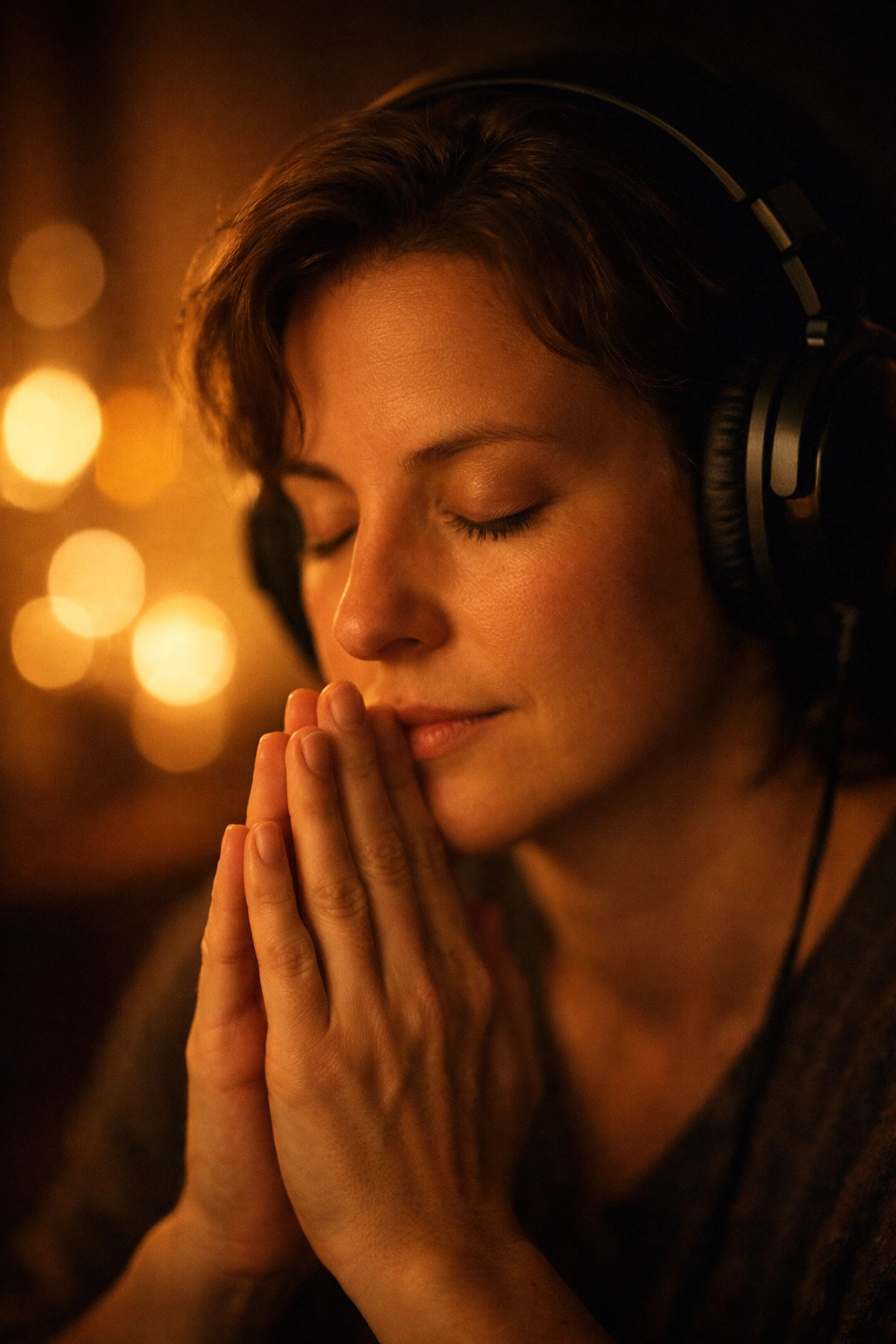 A person in prayerful reflection using a christian music playlist to find intimacy with Christ.