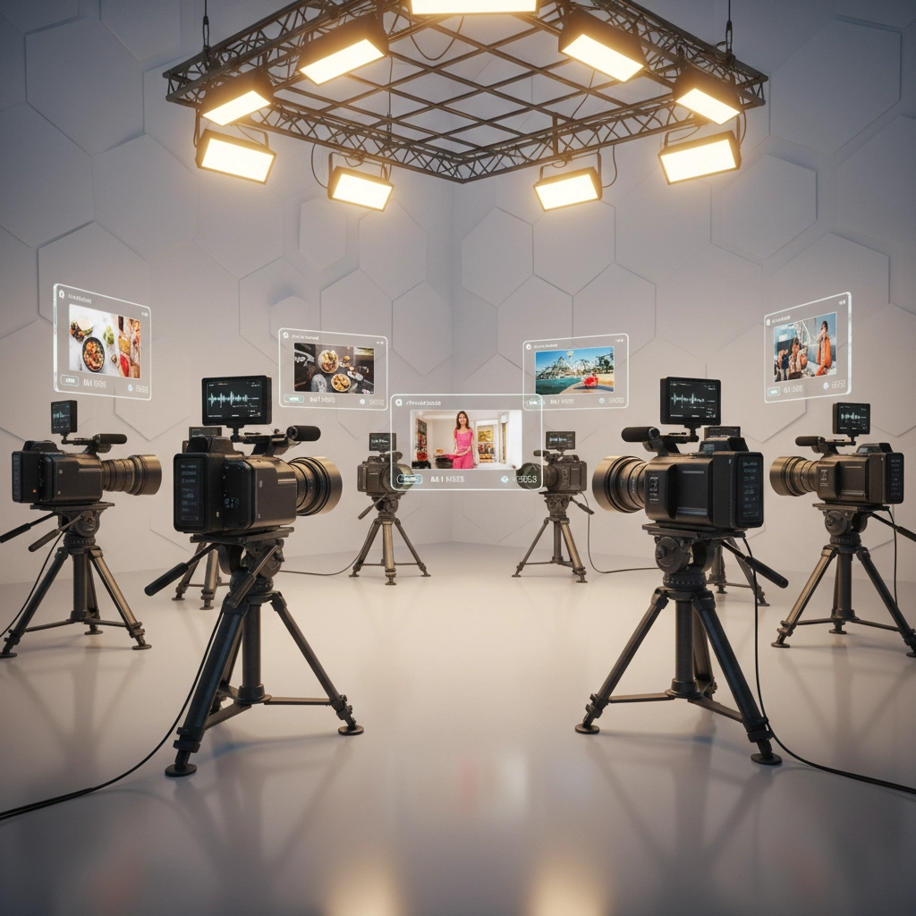 A modern studio setup featuring multiple cameras on tripods, with digital screens floating above each camera displaying diverse video content. The hexagonal wall panels and professional lighting create a futuristic atmosphere, highlighting advancements in digital media production.