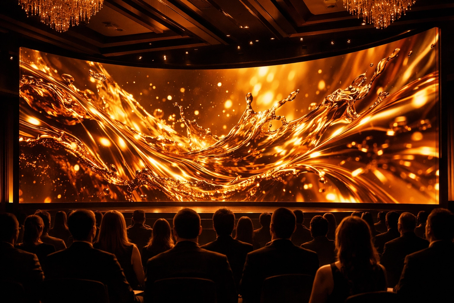 Immersive curved LED video wall displaying golden graphics in a high-end corporate ballroom for a cinematic experience.