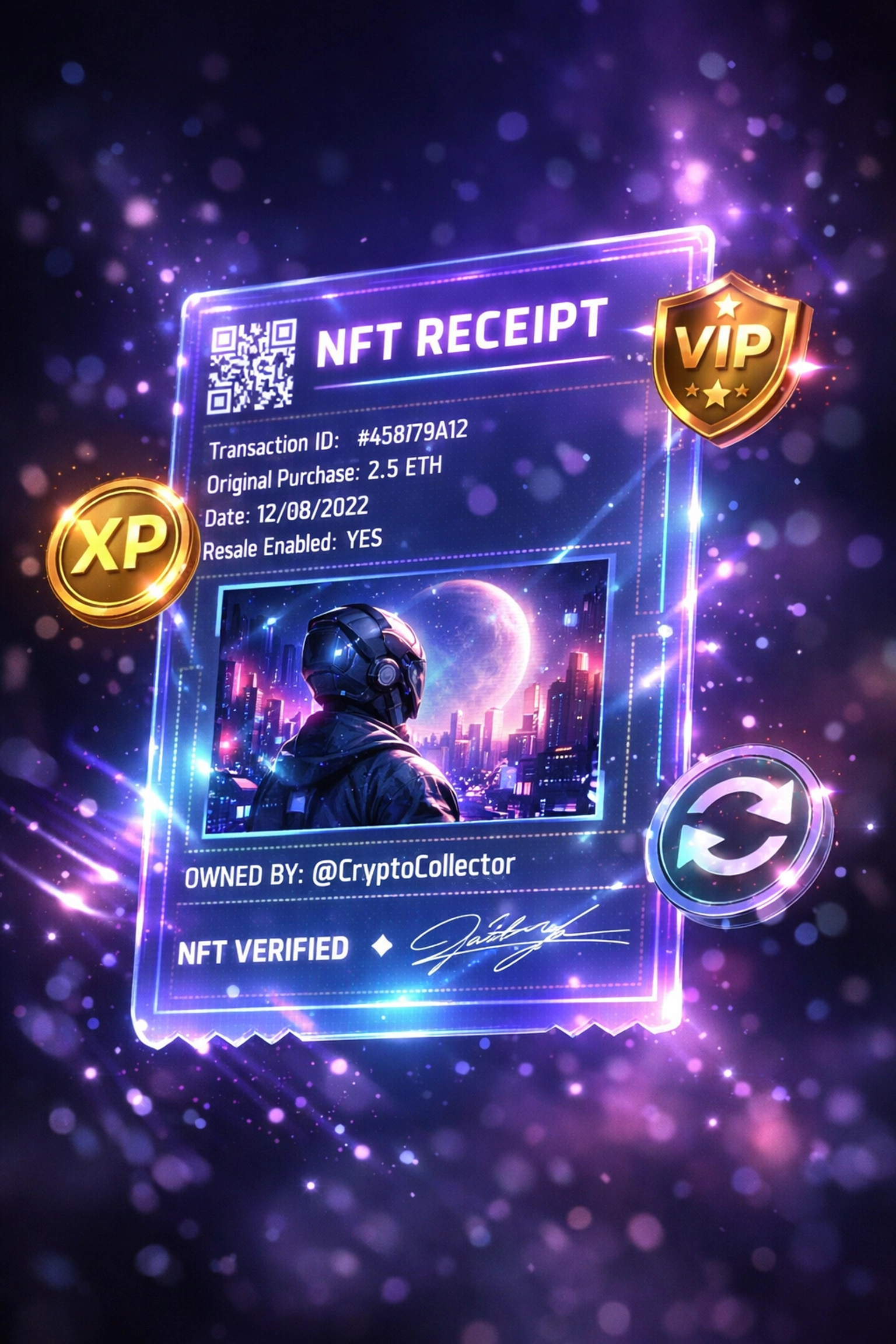 NFT receipt with integrated loyalty rewards and VIP access features for metaverse