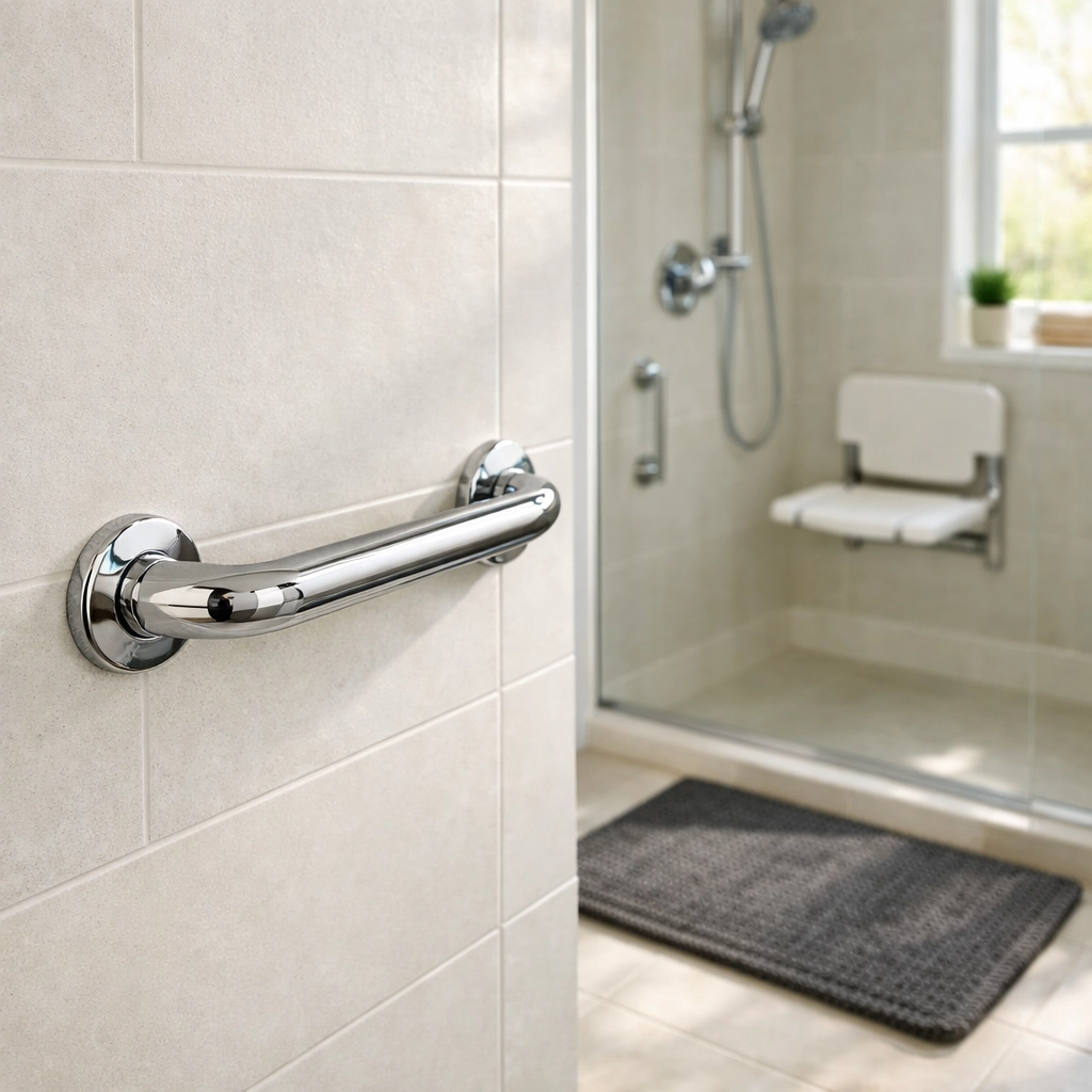 Secure chrome grab bar installed in a bathroom next to a walk-in shower for senior safety and stability.