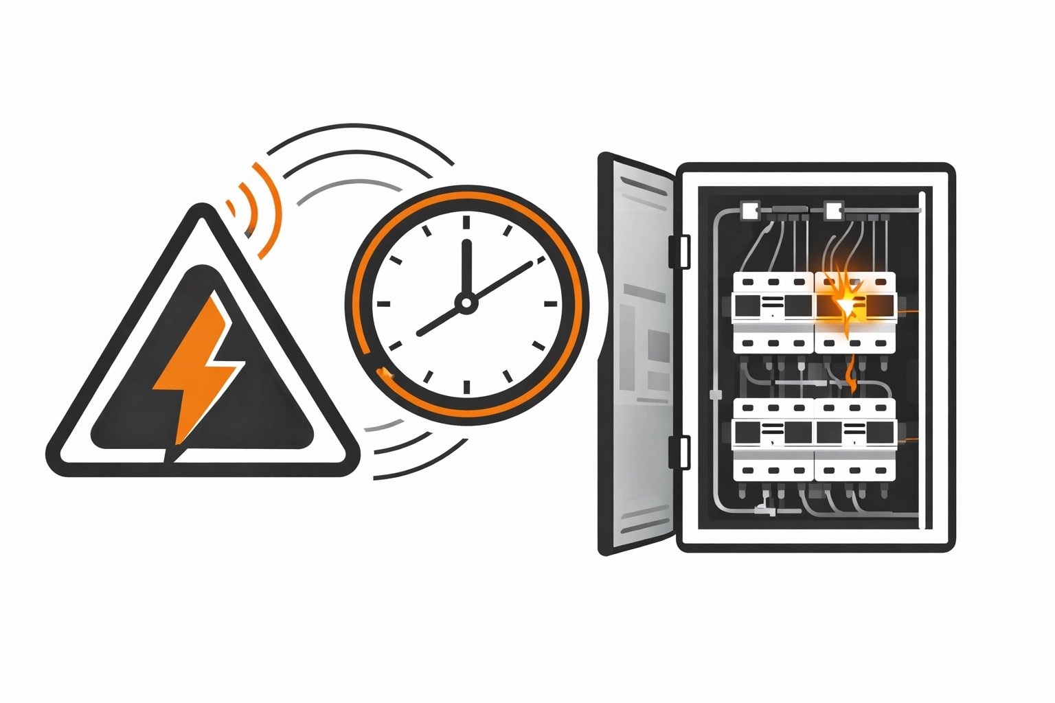 Illustration: 24/7 emergency electrical service as a technical signal icon (warning/clock/distribution box) – Elektro-Zentrum CI