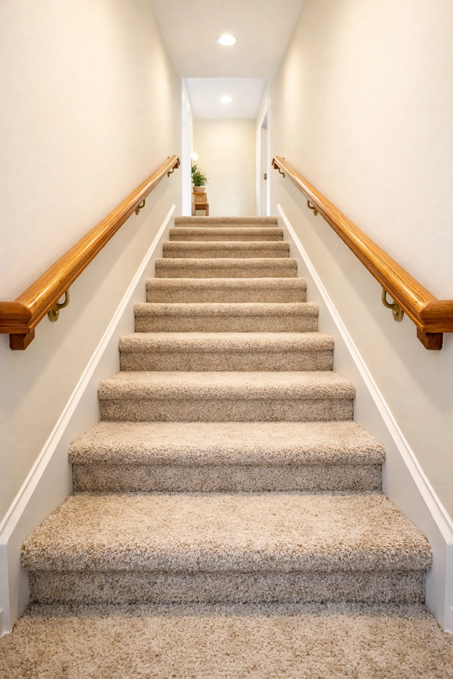 Residential staircase with sturdy dual handrails on both sides for improved balance and safety.