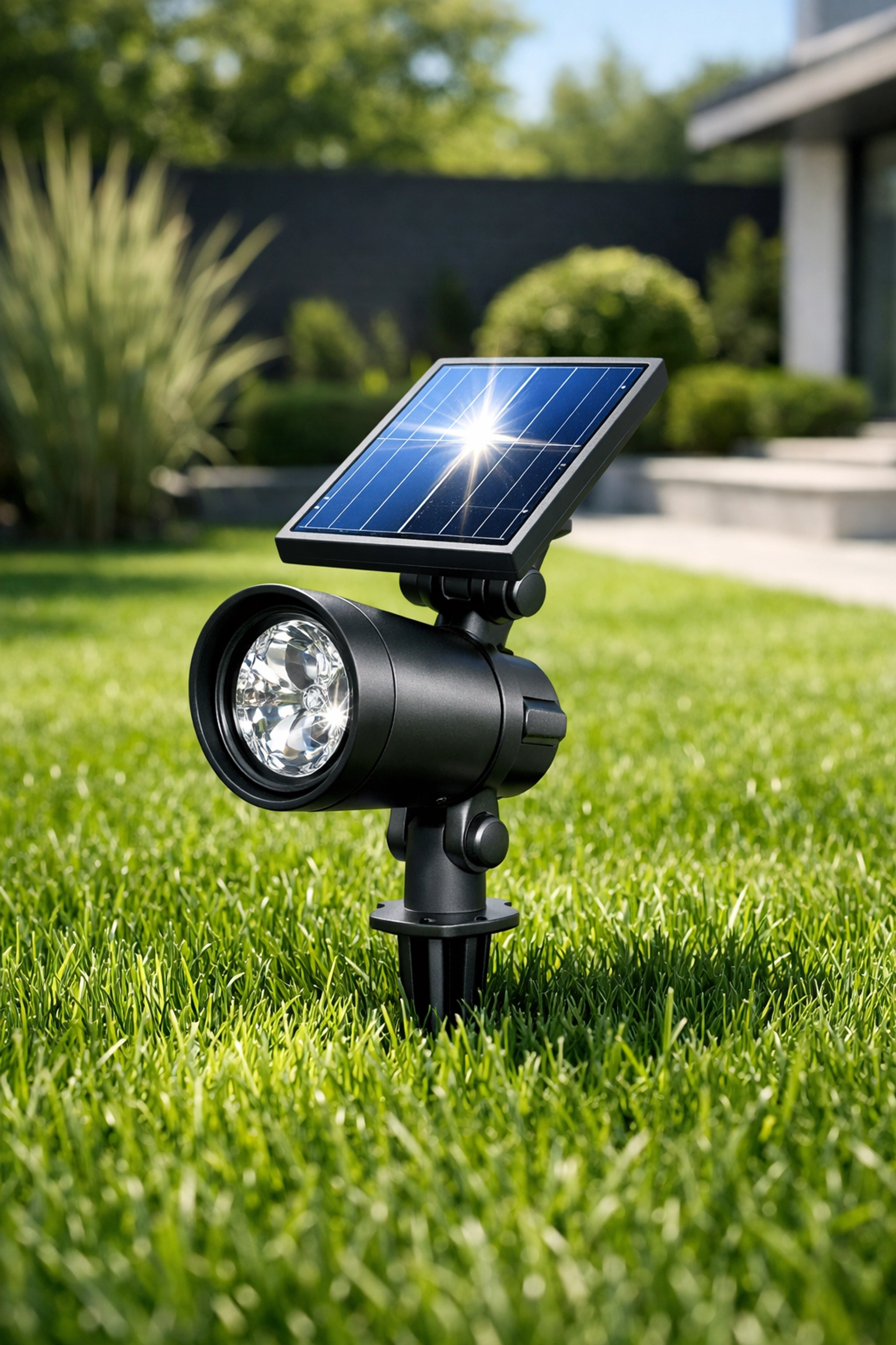 Ηλιακό φωτιστικό κήπου με πάνελ τοποθετημένο σε ηλιόλουστο γρασίδι για σωστή φόρτιση.