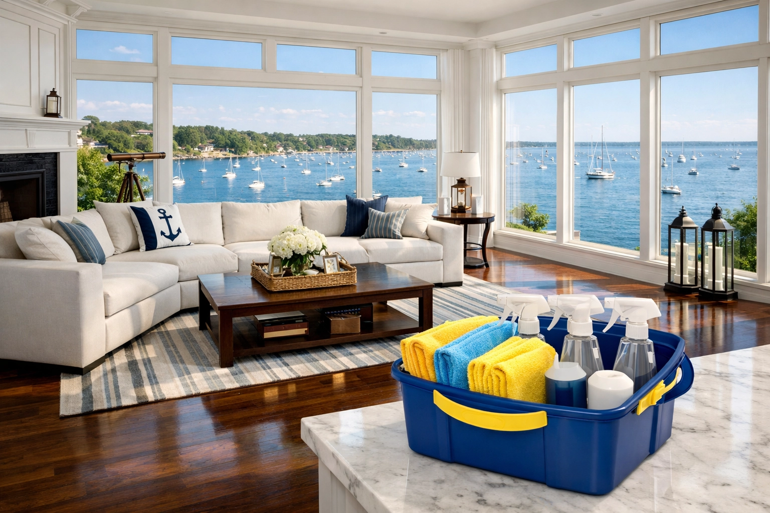 Professional cleaning caddy in a luxury Marblehead house cleaning session overlooking the harbor.