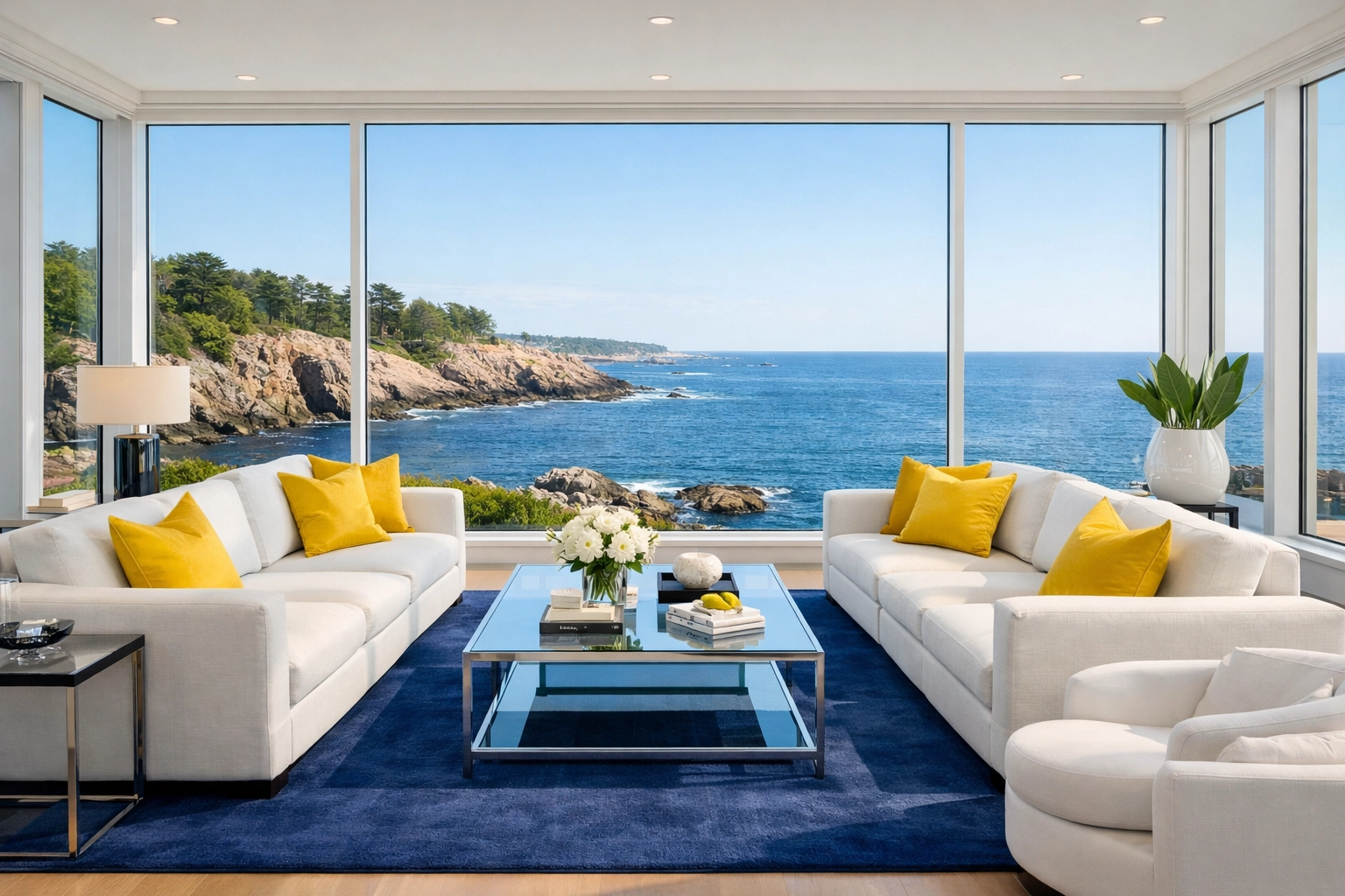 Spotless luxury living room overlooking the Atlantic after Manchester-by-the-Sea coastal estate cleaning.