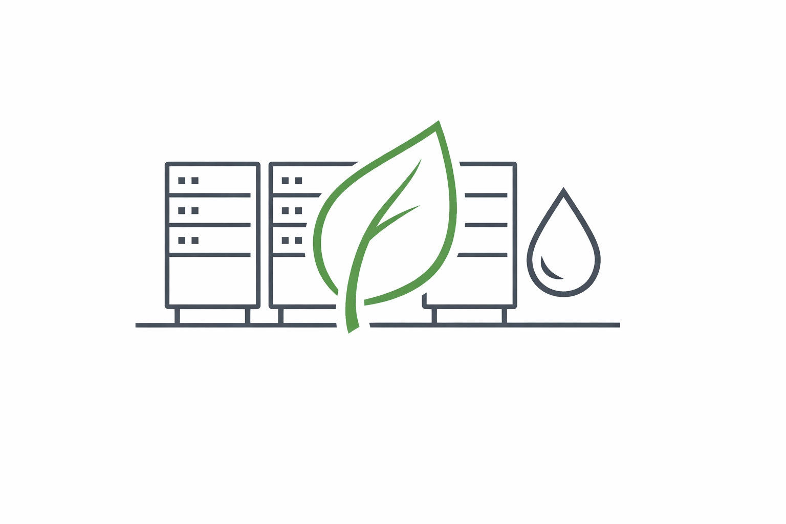 Minimalist geometric line-art illustration of sustainable AI: data center racks with leaf icon and droplet for liquid cooling.