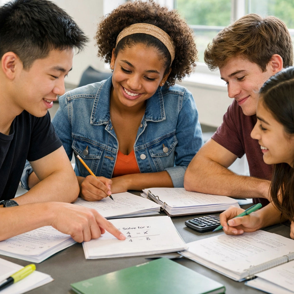 High school students collaborating on SAT math ratio and proportion practice problems