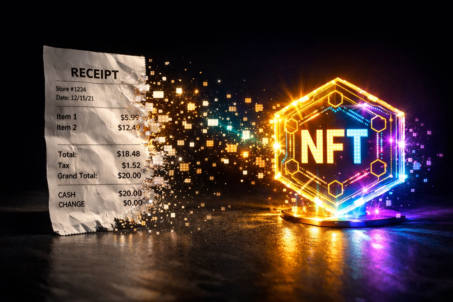 Traditional receipt transforming into NFT blockchain receipt for transaction proof