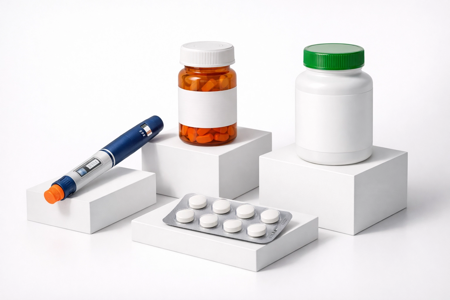 Different types of weight loss medications including injections, pills, and supplements