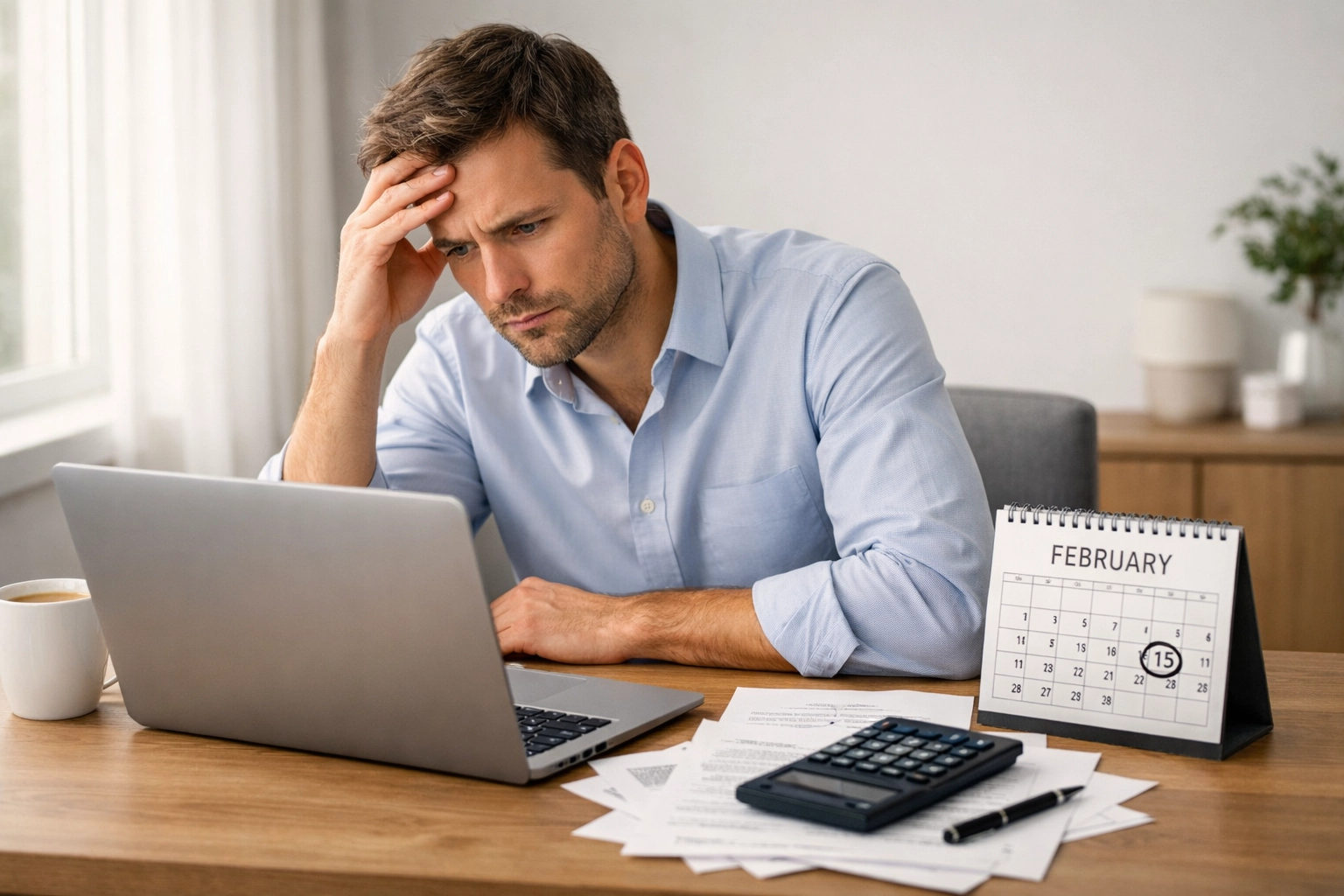 Taxpayer stressed about missing W-2 form while preparing taxes at home office desk in February