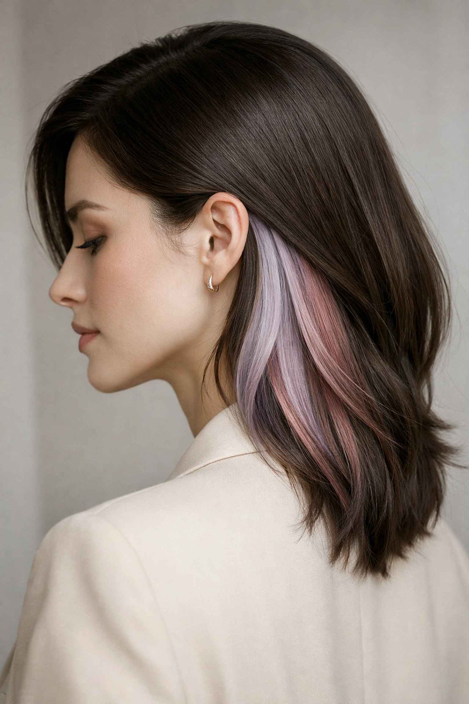 Sophisticated hidden lavender and pink hair color highlights under dark espresso hair.