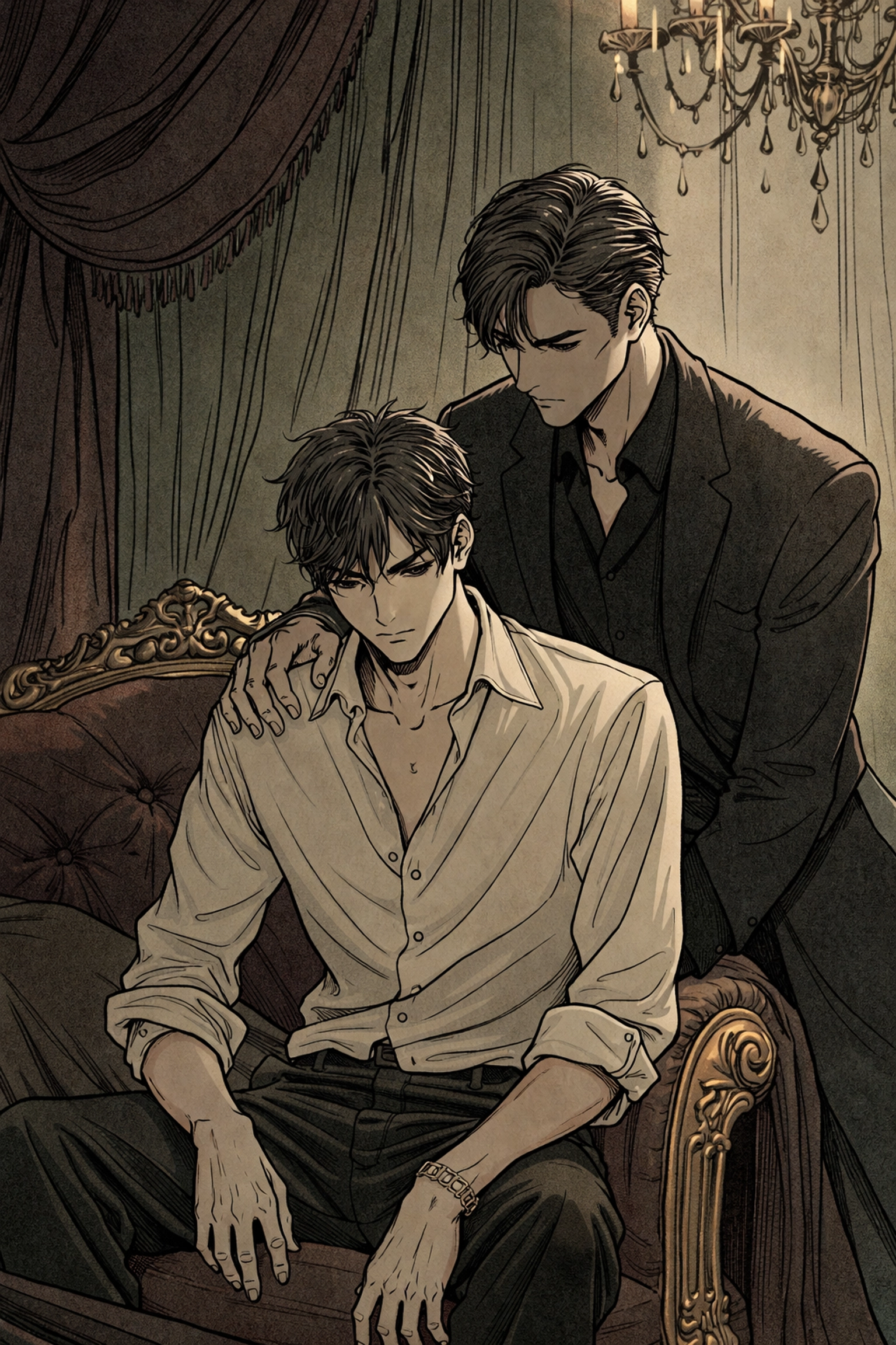 Two men share a tense, intimate moment in a velvet-draped room, capturing the duality of sanctuary and control.
