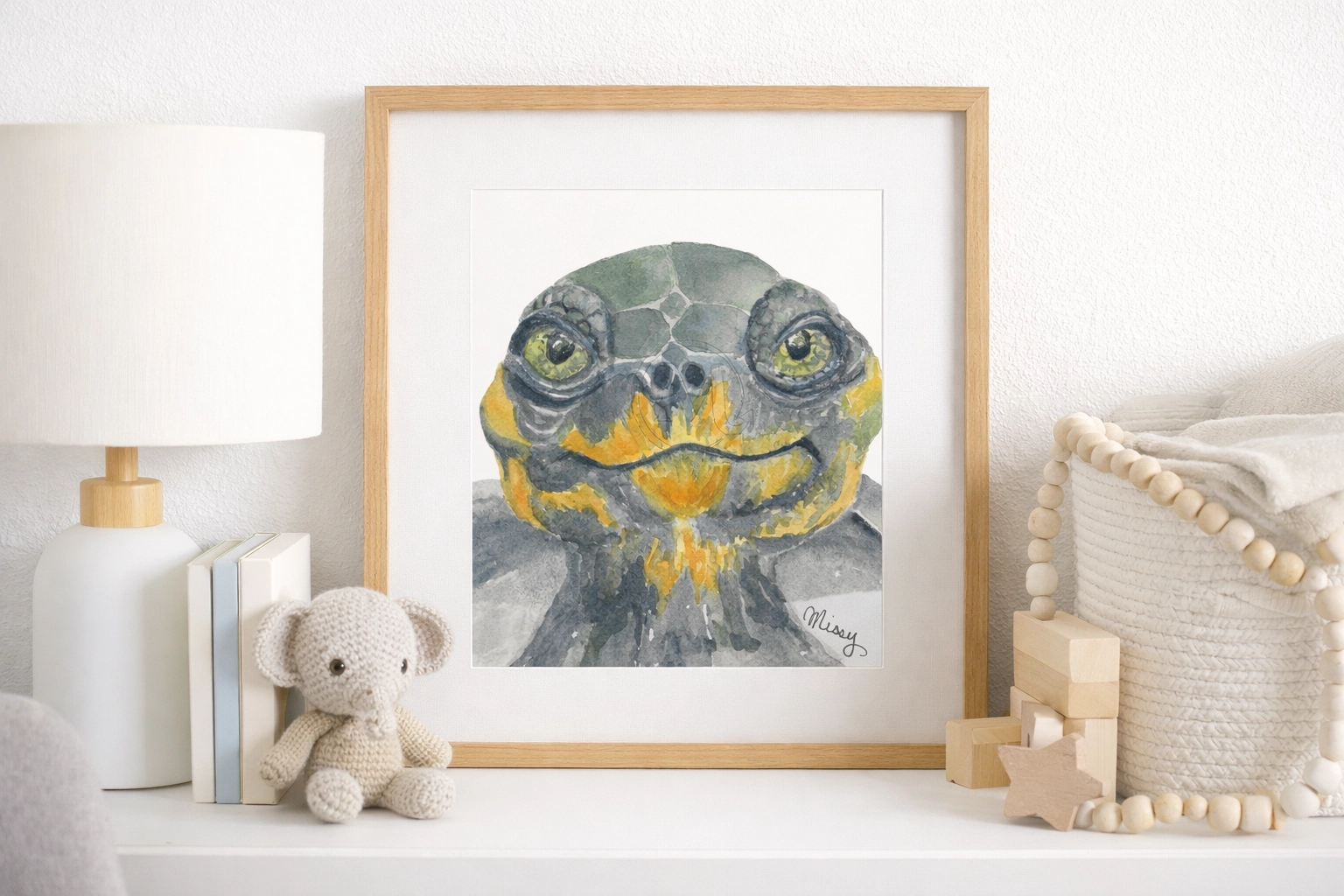 Shelly the Turtle watercolor print in an office shelf mockup