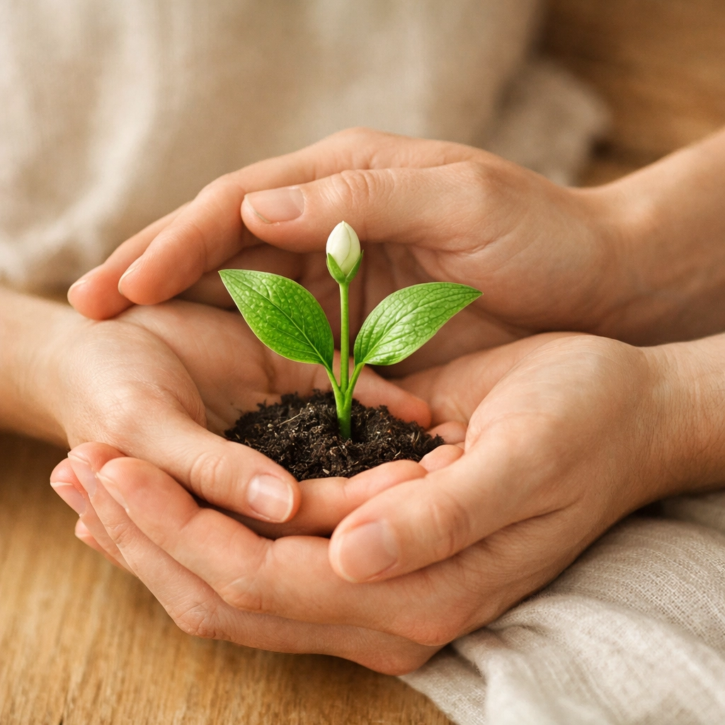 Hands cradling a delicate growing sprout, symbolizing the process of healing core wounds and self-forgiveness.