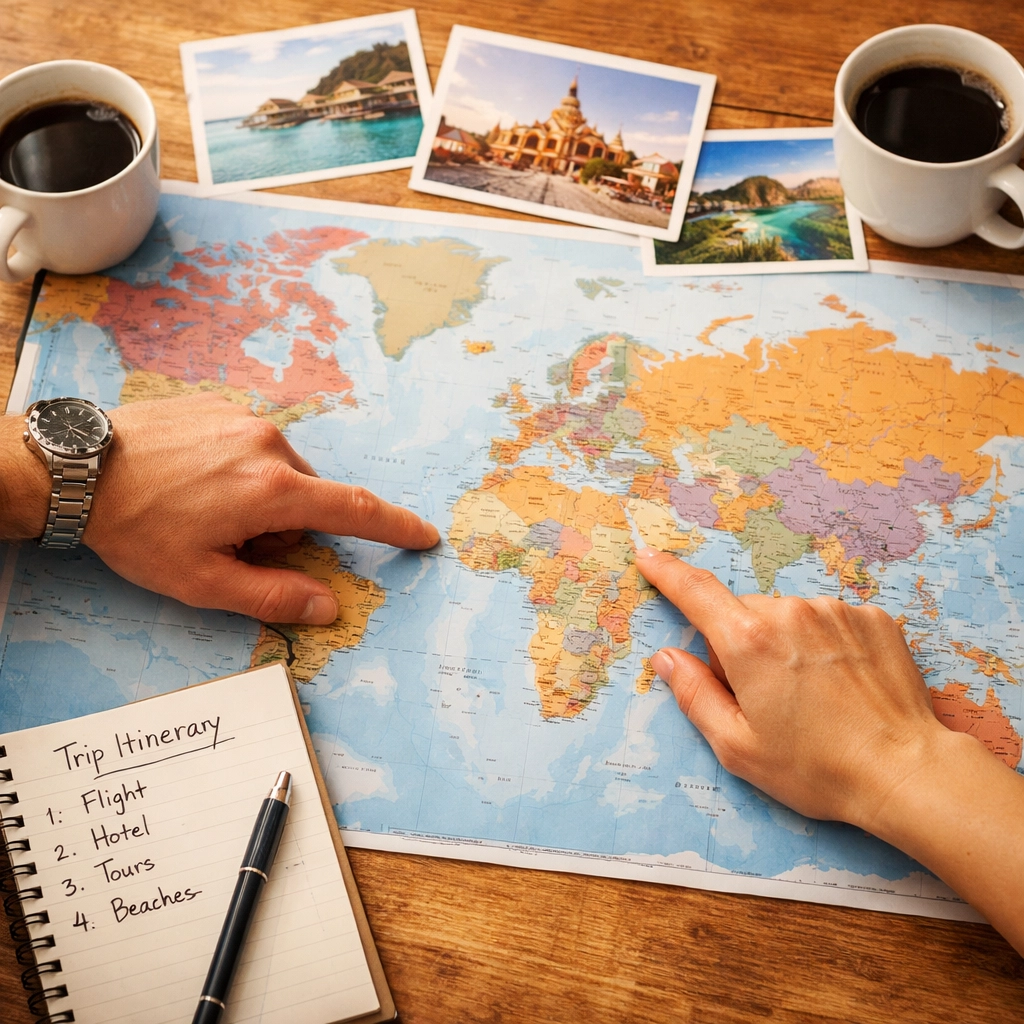Professional travel consultation with world map and custom itinerary planning